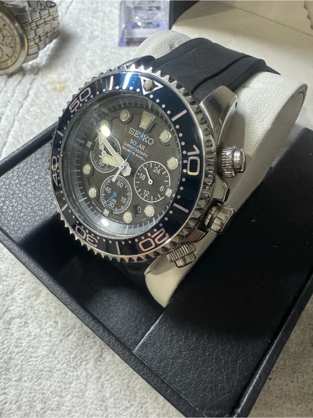 #190 Seiko Black and Silver Solar Chronograph Dive Watch